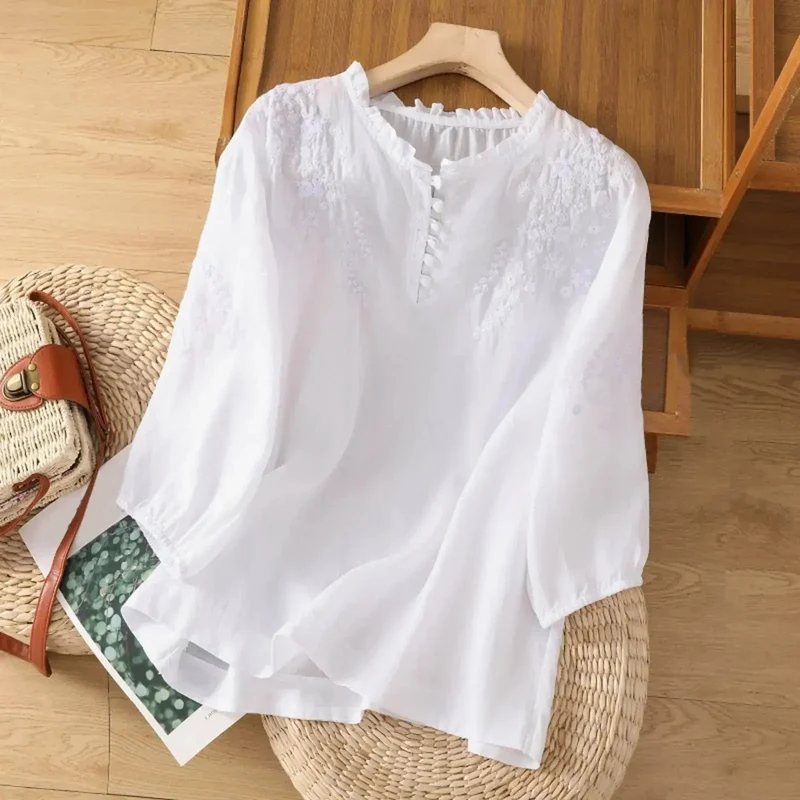 Women's Embroidered Cotton Blouse | Elegant White Summer Top with Classic Button-Front Design
