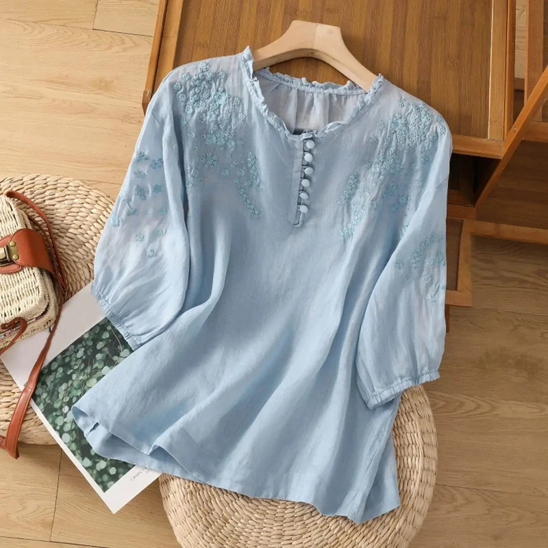 Women's Embroidered Cotton Blouse | Elegant White Summer Top with Classic Button-Front Design