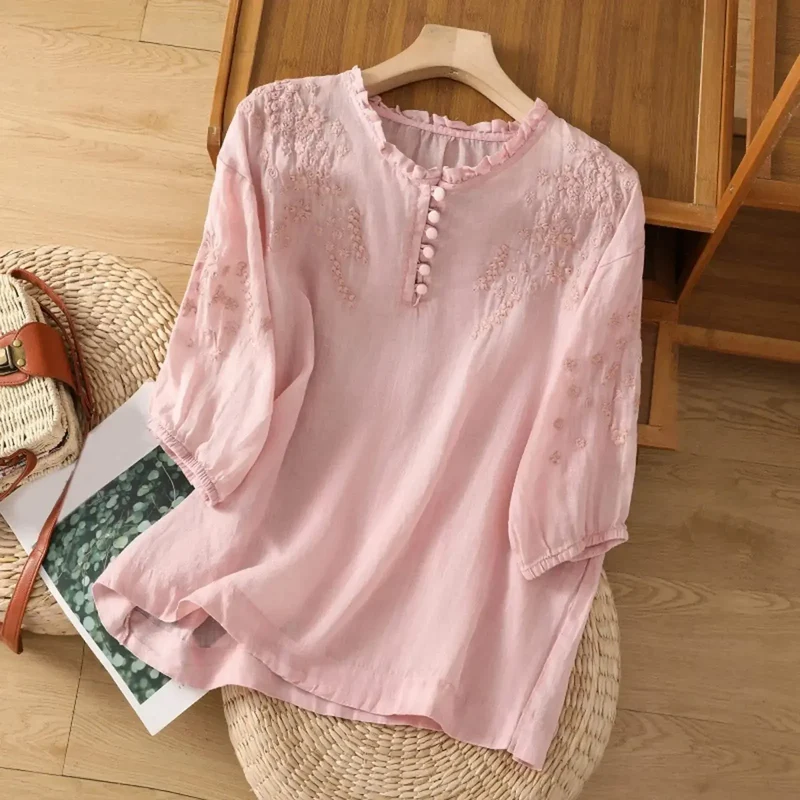 Women's Embroidered Cotton Blouse | Elegant White Summer Top with Classic Button-Front Design