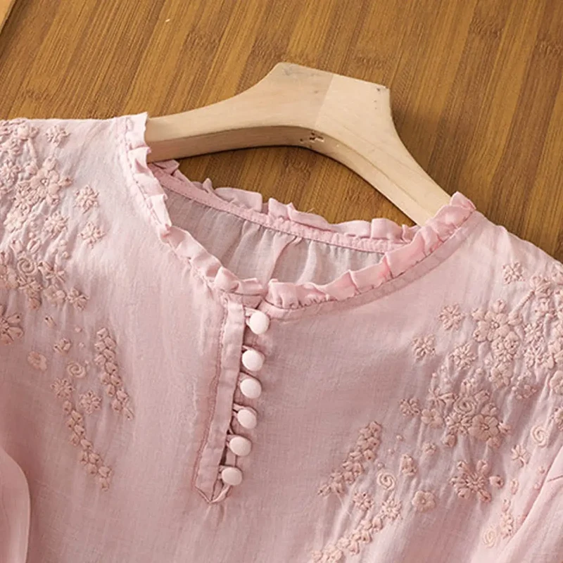 Women's Embroidered Cotton Blouse | Elegant White Summer Top with Classic Button-Front Design