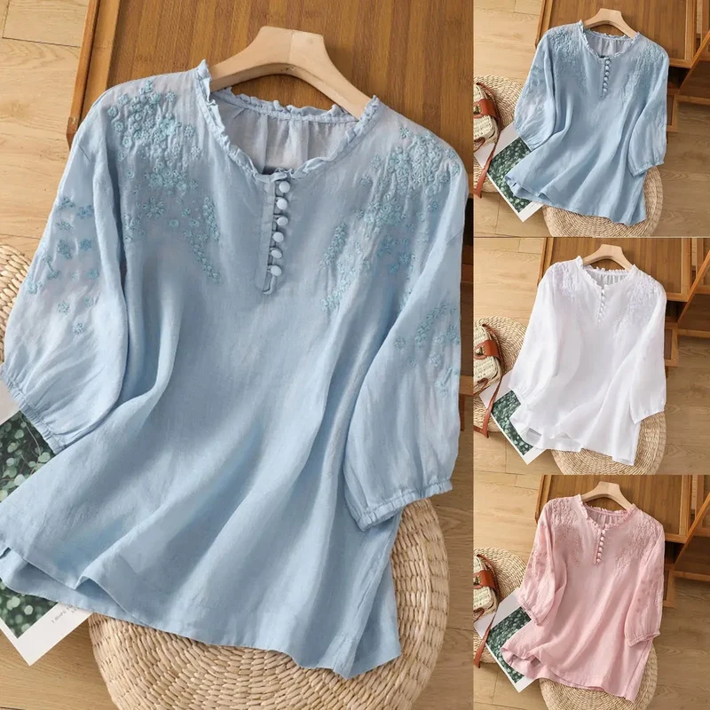 Women's Embroidered Cotton Blouse | Elegant White Summer Top with Classic Button-Front Design