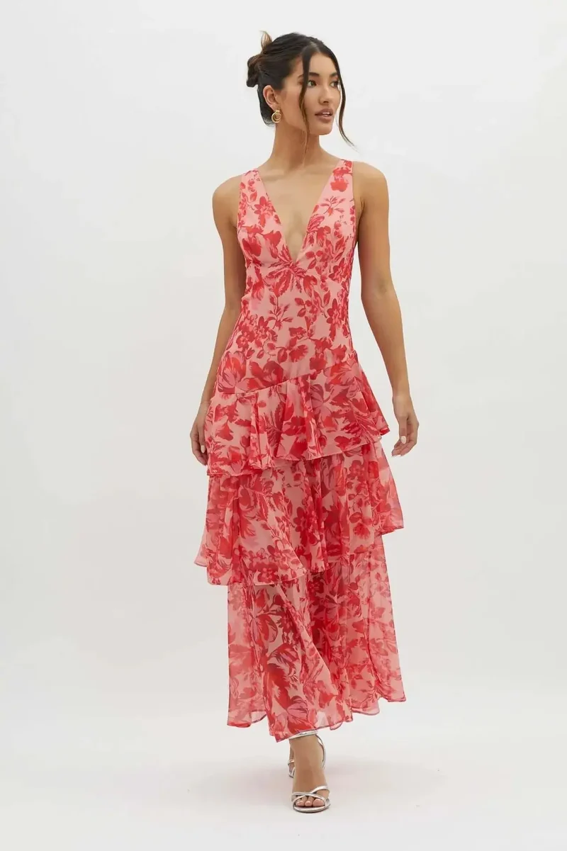Women's Viscose Maxi Dress | Flowing Tiered Summer Dress with Graceful Movement