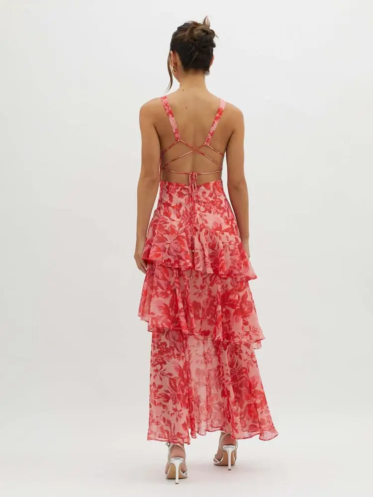 Women's Floral Print Maxi Dress | Flowing Tiered Summer Gown