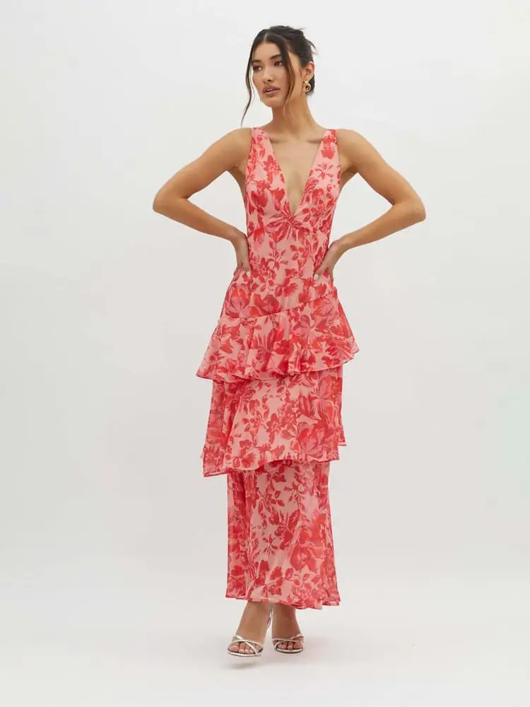 Women's Floral Print Maxi Dress | Flowing Tiered Summer Gown