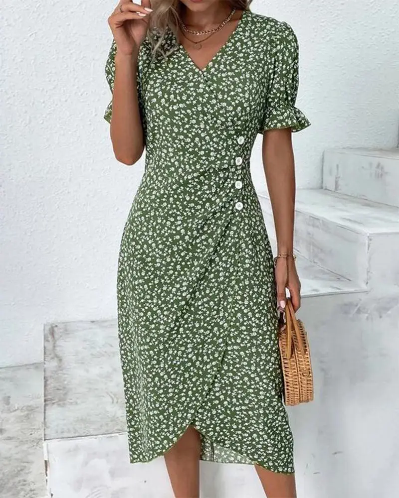 Women's Floral Wrap Dress | Adjustable V Neck Midi | Elegant Summer Midi Dress