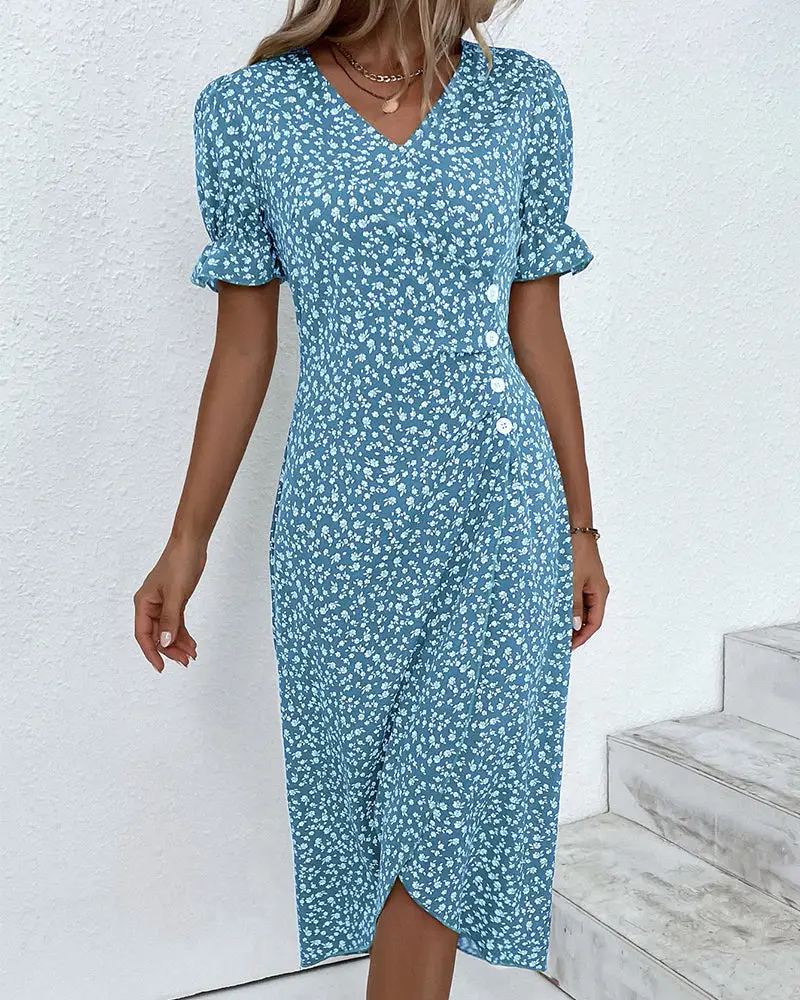 Women's Floral Wrap Dress | Adjustable V Neck Midi | Elegant Summer Midi Dress