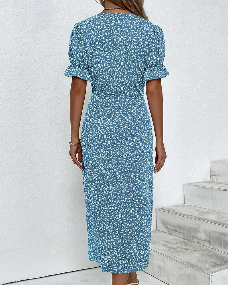 Women's Floral Wrap Dress | Adjustable V Neck Midi | Elegant Summer Midi Dress