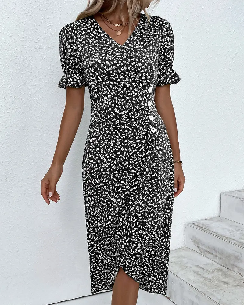 Women's Floral Wrap Dress | Adjustable V Neck Midi | Elegant Summer Midi Dress