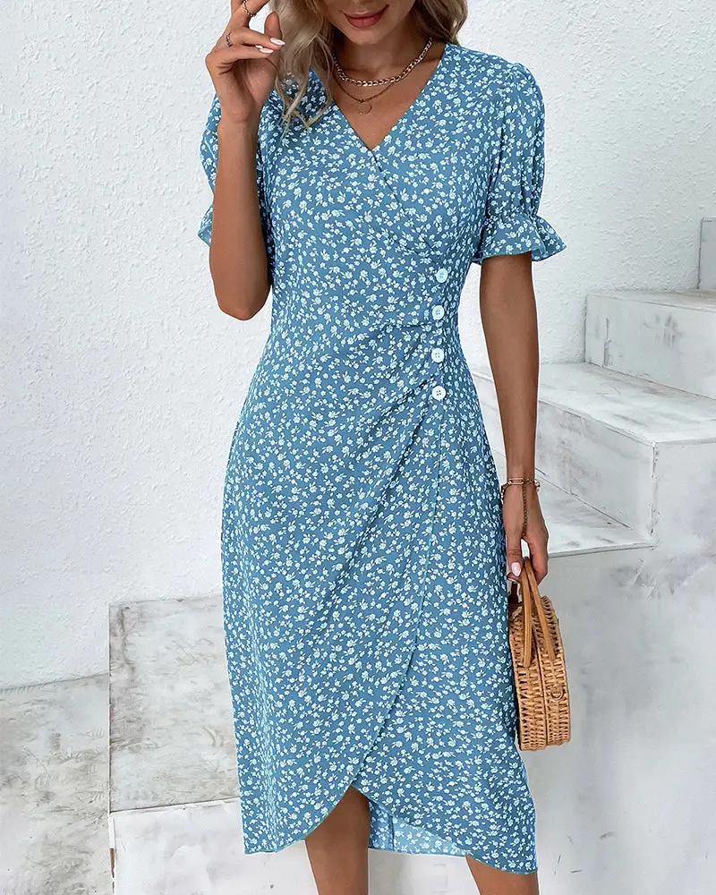 Women's Floral Wrap Dress | Adjustable V Neck Midi | Elegant Summer Midi Dress