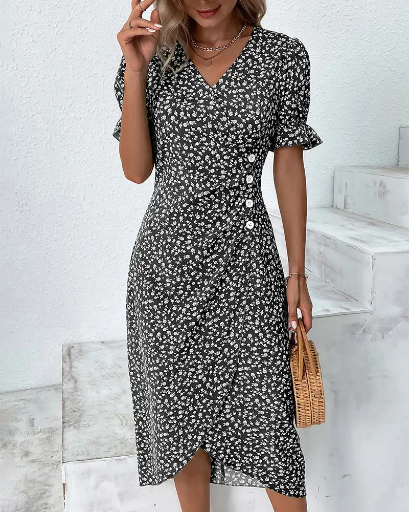 Women's Floral Wrap Dress | Adjustable V Neck Midi | Elegant Summer Midi Dress