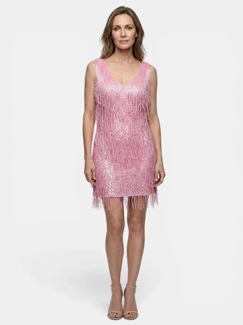 Women's Fringe Mini Dress | Vibrant V Neck Cocktail Dress