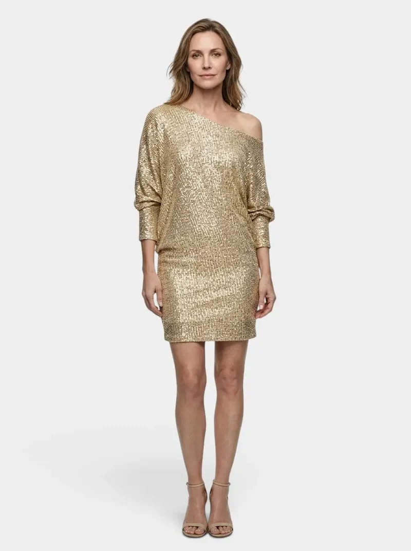 Women's Shimmering Sequined Mini Dress | Relaxed Fit Long Sleeve Cocktail Dress