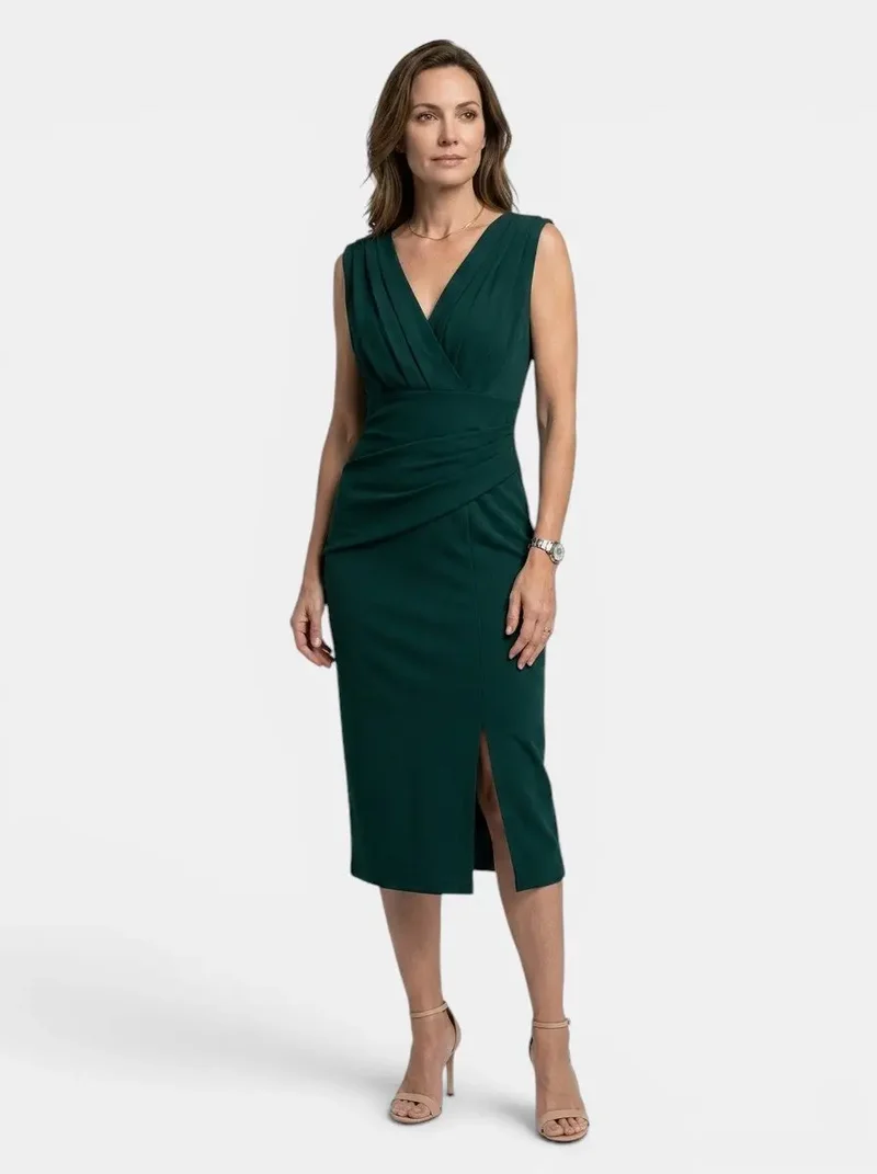 Women's Elegant Pleated Midi Dress | Sculpted Formal Evening Gown