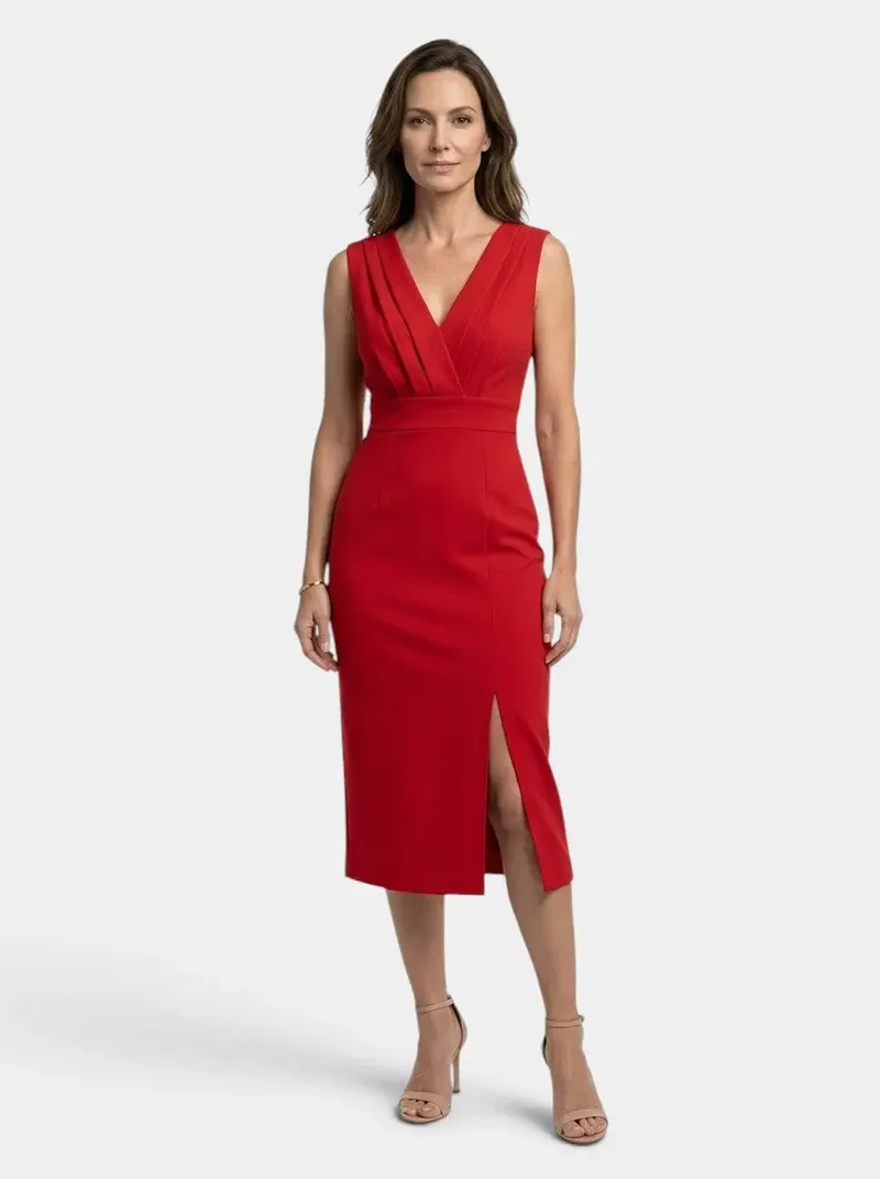 Women's Elegant Pleated Midi Dress | Sculpted Formal Evening Gown