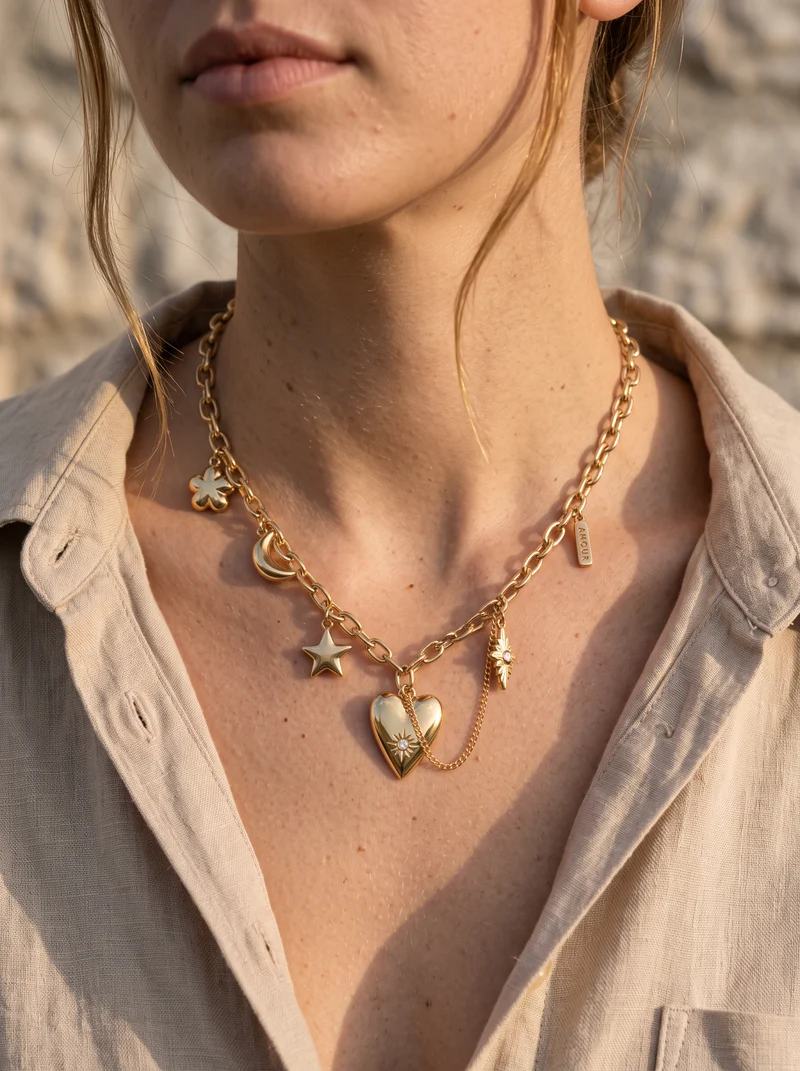 Collier Breloques Cœur et Étoiles