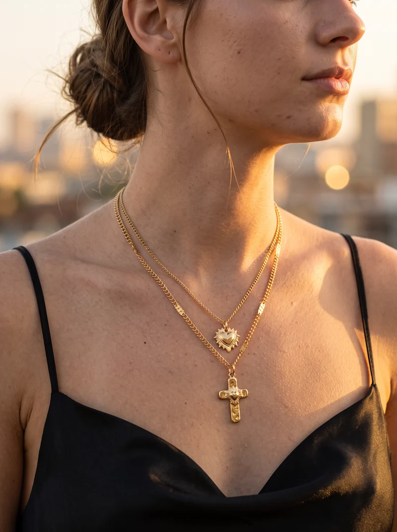 Collier Double Rang Cœur et Croix