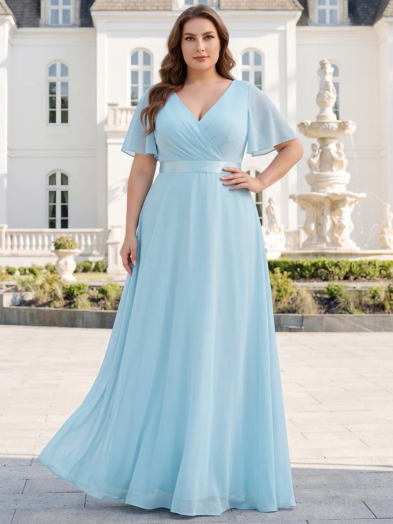 ever MONICA|Robe de soirée en mousseline fluide à manches volantées