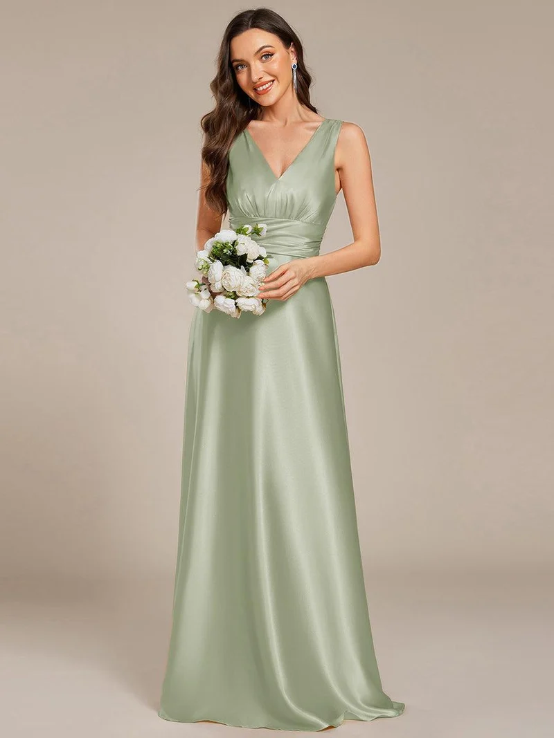 pretty INDY|Grande Taille Robe de demoiselle d'honneur fendue en satin sans manches à col en V