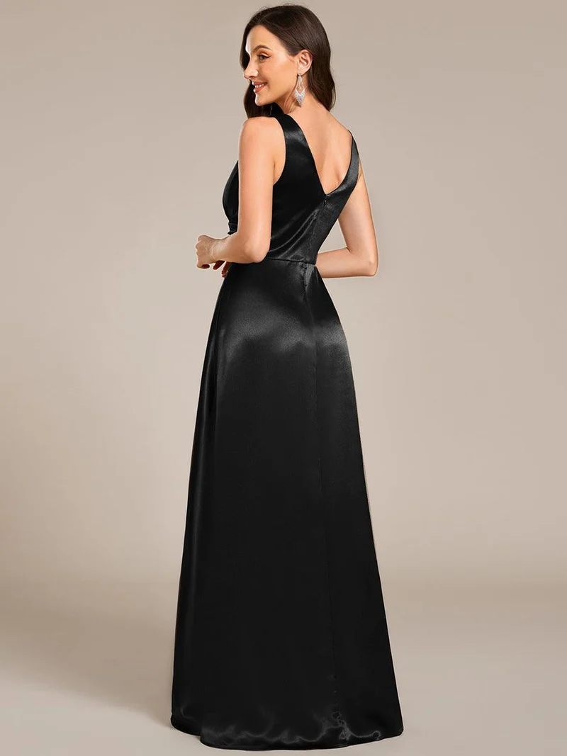 ever INDY|Robe de demoiselle d'honneur fendue en satin sans manches à col en V