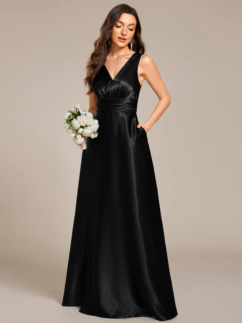 ever INDY|Robe de demoiselle d'honneur fendue en satin sans manches à col en V