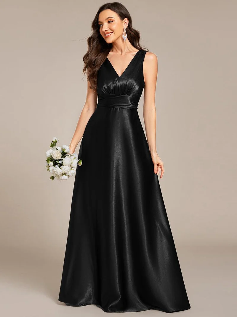 ever INDY|Robe de demoiselle d'honneur fendue en satin sans manches à col en V