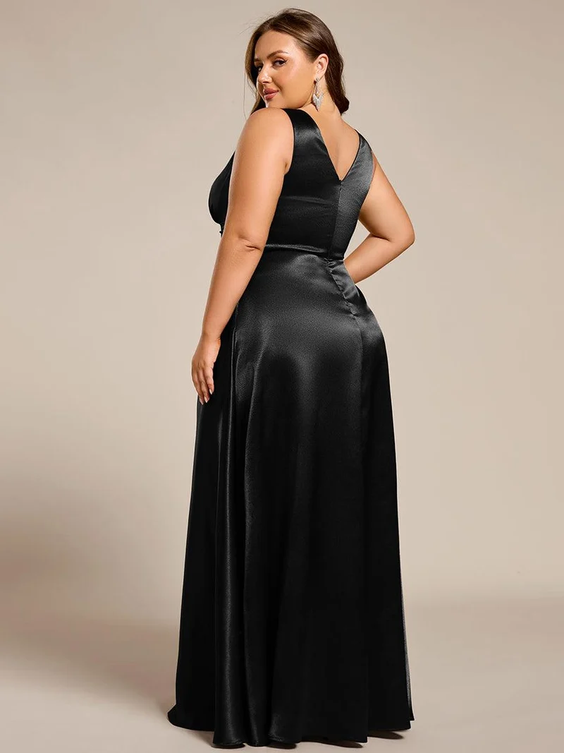pretty INDY|Grande Taille Robe de demoiselle d'honneur fendue en satin sans manches à col en V