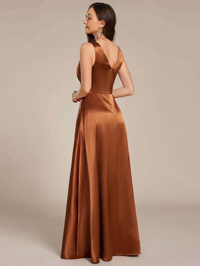ever INDY|Robe de demoiselle d'honneur fendue en satin sans manches à col en V