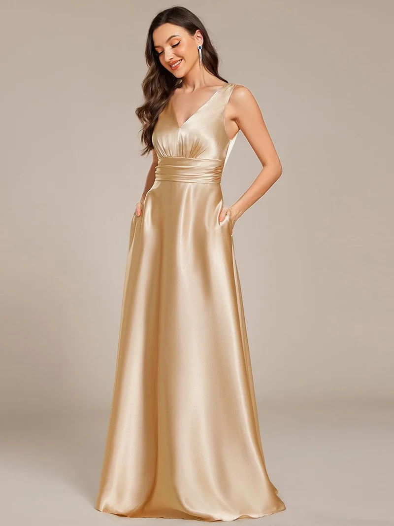 ever INDY|Robe de demoiselle d'honneur fendue en satin sans manches à col en V
