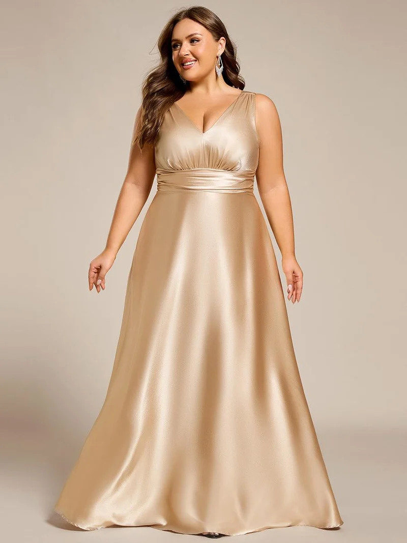 pretty INDY|Grande Taille Robe de demoiselle d'honneur fendue en satin sans manches à col en V