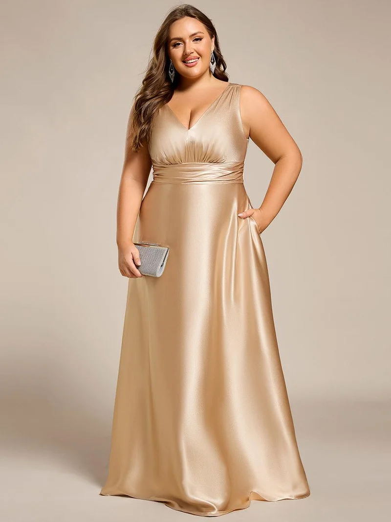 pretty INDY|Grande Taille Robe de demoiselle d'honneur fendue en satin sans manches à col en V