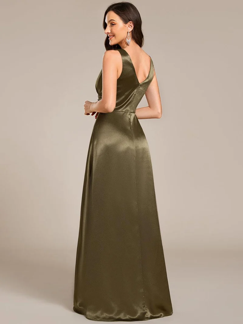 ever INDY|Robe de demoiselle d'honneur fendue en satin sans manches à col en V