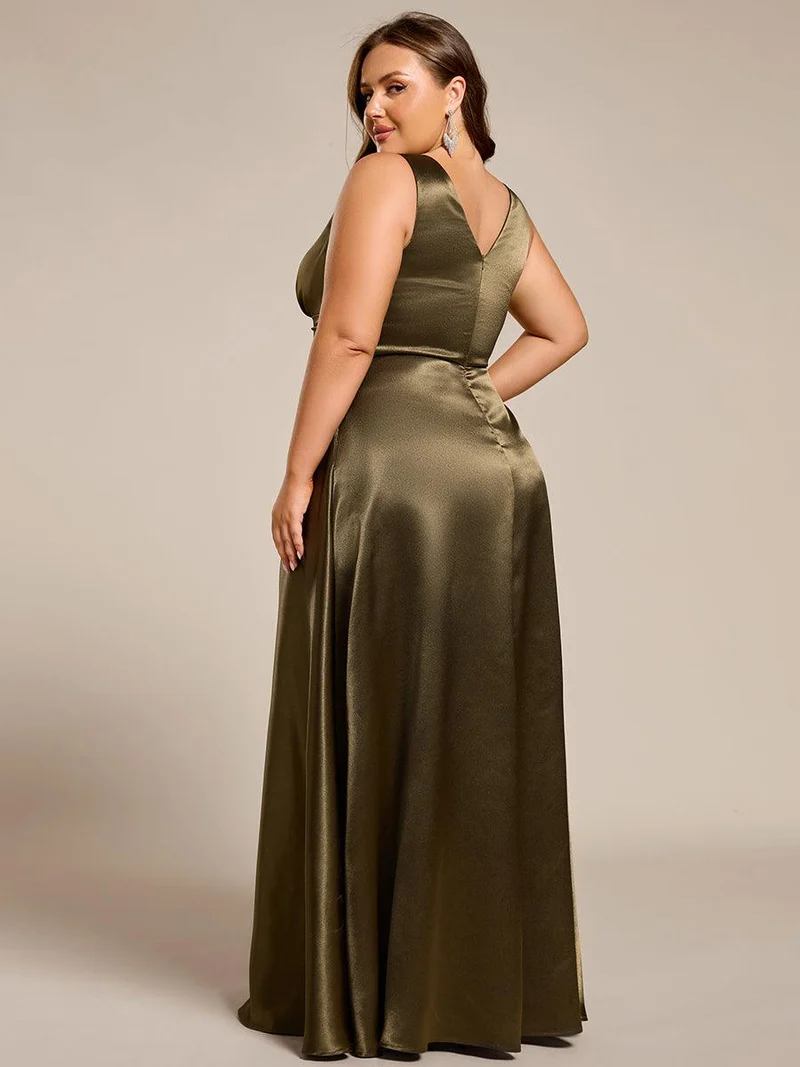 pretty INDY|Grande Taille Robe de demoiselle d'honneur fendue en satin sans manches à col en V