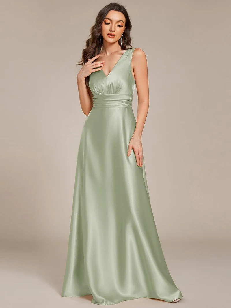 pretty INDY|Grande Taille Robe de demoiselle d'honneur fendue en satin sans manches à col en V