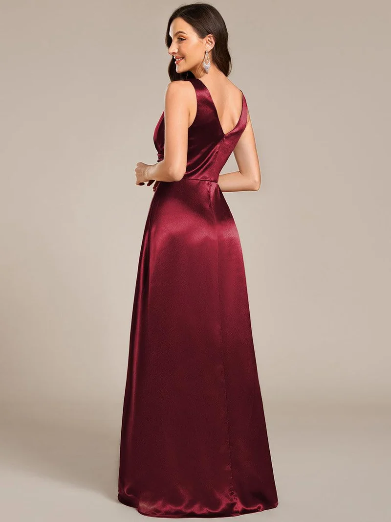 ever INDY|Robe de demoiselle d'honneur fendue en satin sans manches à col en V