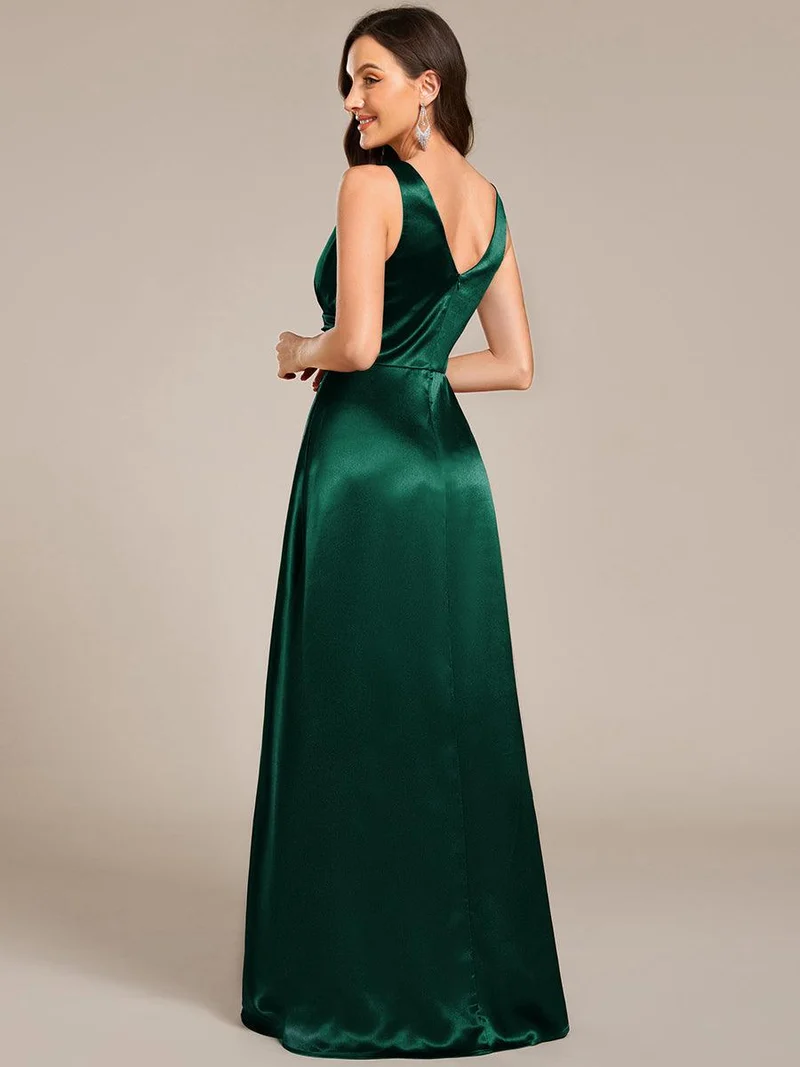ever INDY|Robe de demoiselle d'honneur fendue en satin sans manches à col en V