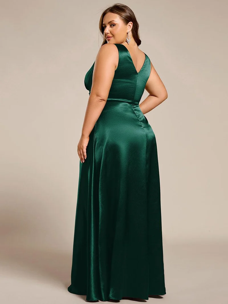 pretty INDY|Grande Taille Robe de demoiselle d'honneur fendue en satin sans manches à col en V