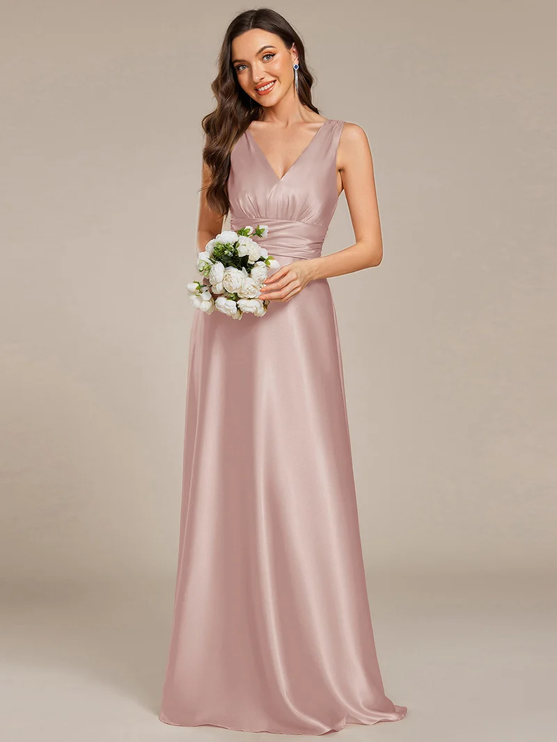 pretty INDY|Grande Taille Robe de demoiselle d'honneur fendue en satin sans manches à col en V