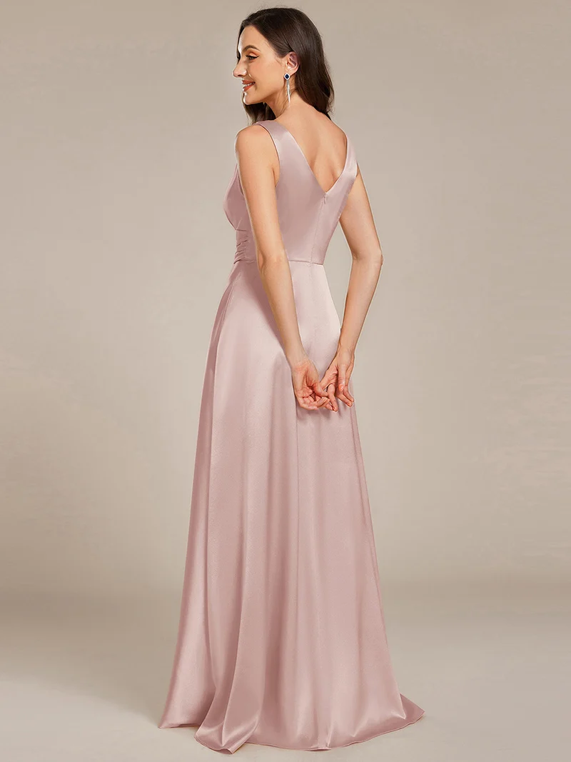 pretty INDY|Grande Taille Robe de demoiselle d'honneur fendue en satin sans manches à col en V