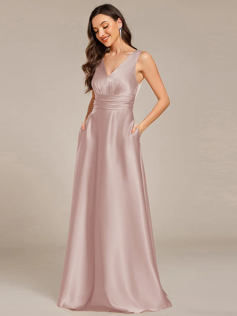 pretty INDY|Grande Taille Robe de demoiselle d'honneur fendue en satin sans manches à col en V