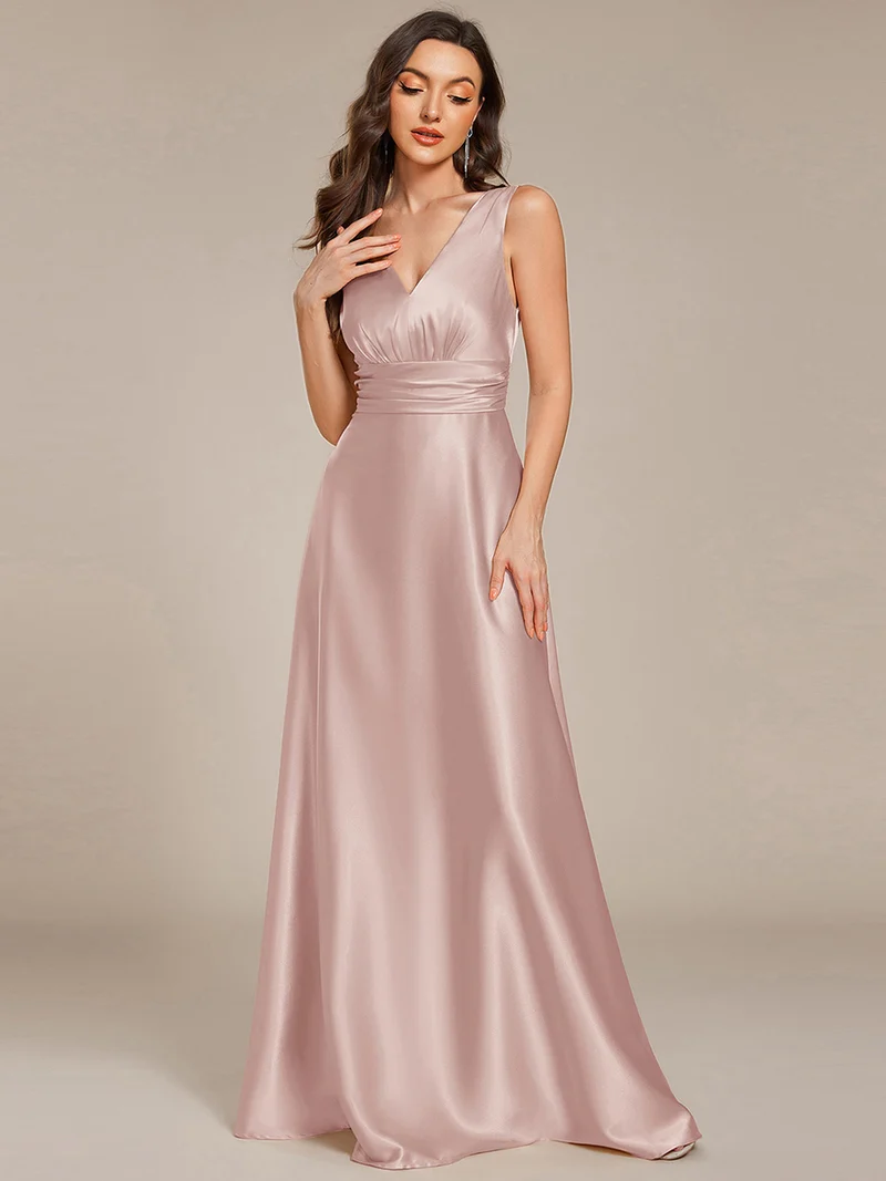 pretty INDY|Grande Taille Robe de demoiselle d'honneur fendue en satin sans manches à col en V