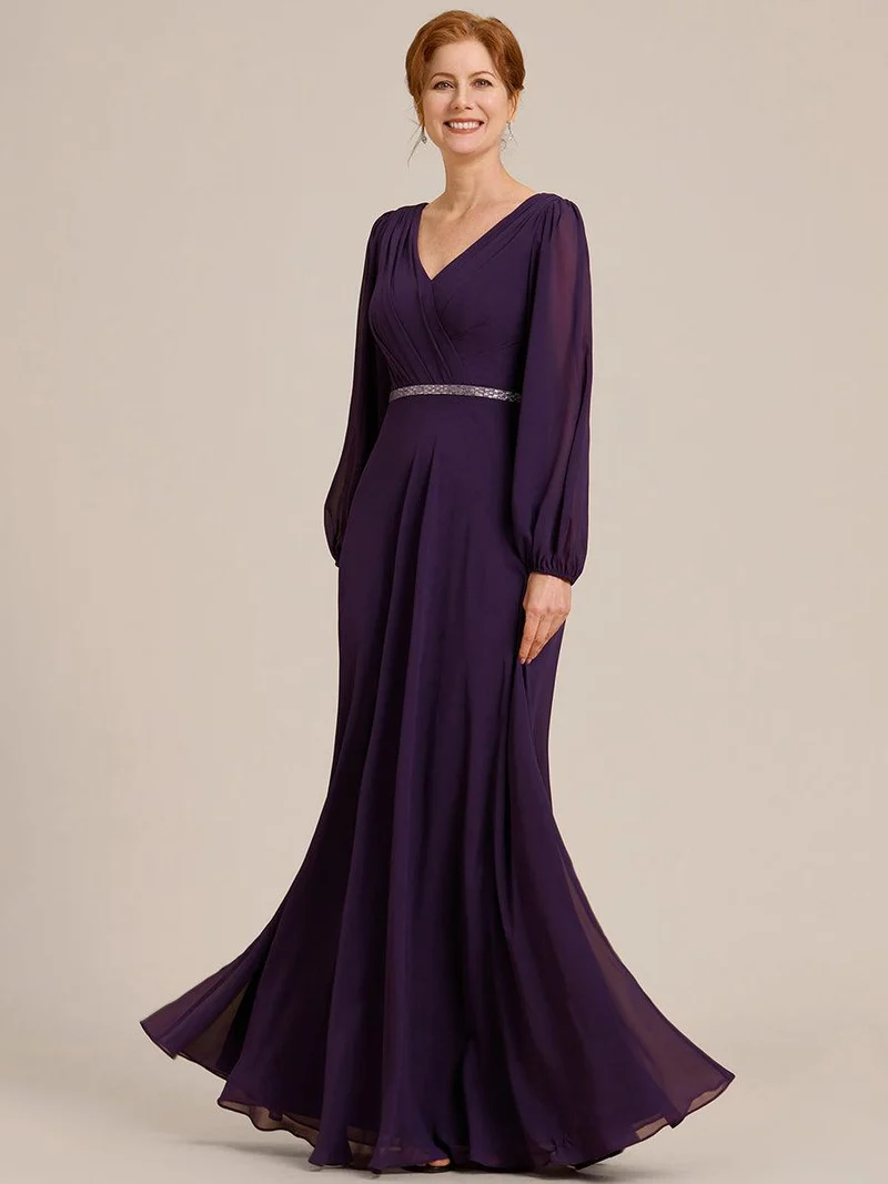 ever ESMÉE|Robe de mère de la mariée en mousseline plissée à col en V et ceinture brillante