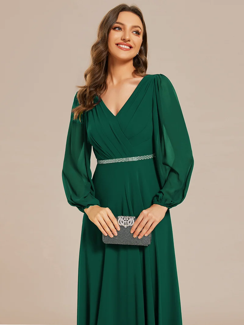 ever ESMÉE|Robe de mère de la mariée en mousseline plissée à col en V et ceinture brillante