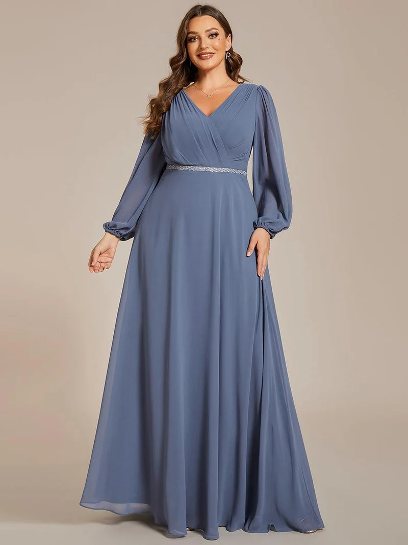 pretty ESMÉE|Robe de soirée grande taille plissée en mousseline de soie double col V manches longues ceinture brillant
