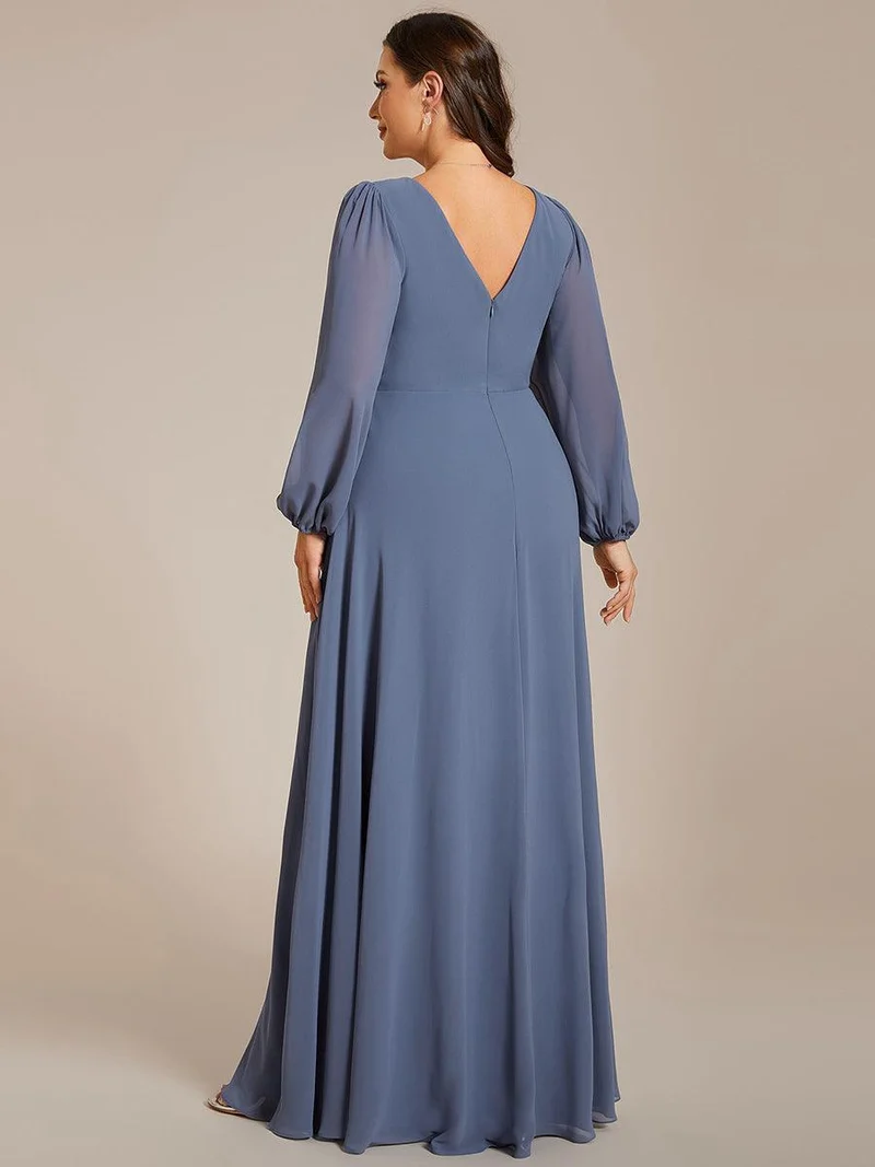 pretty ESMÉE|Robe de soirée grande taille plissée en mousseline de soie double col V manches longues ceinture brillant