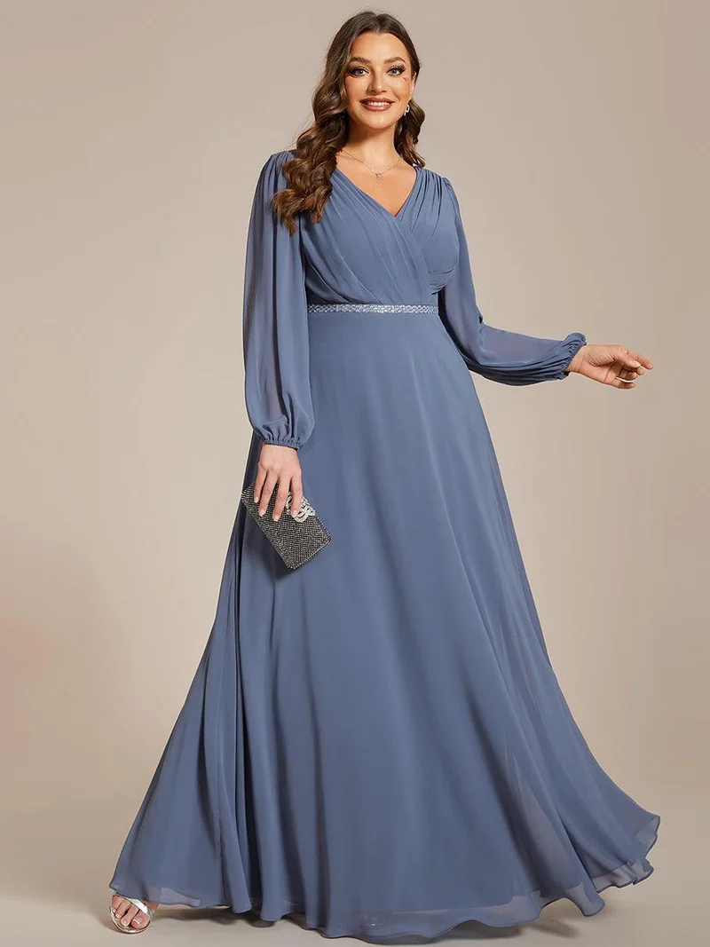 pretty ESMÉE|Robe de soirée grande taille plissée en mousseline de soie double col V manches longues ceinture brillant