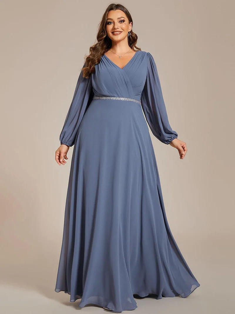 pretty ESMÉE|Robe de soirée grande taille plissée en mousseline de soie double col V manches longues ceinture brillant