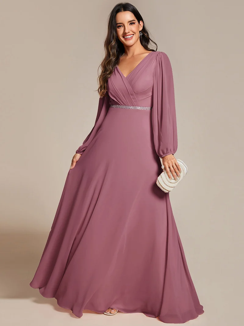 ever ESMÉE|Robe de mère de la mariée en mousseline plissée à col en V et ceinture brillante