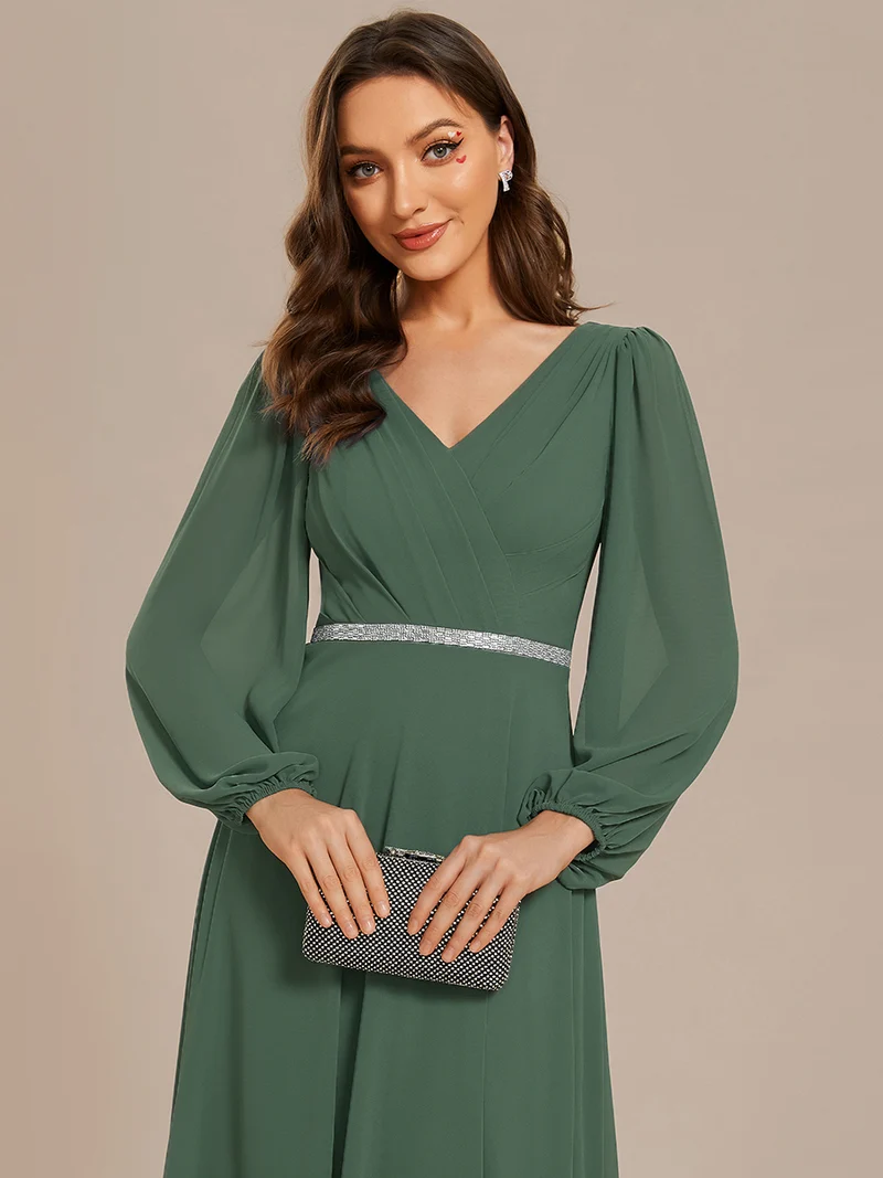 ever ESMÉE|Robe de mère de la mariée en mousseline plissée à col en V et ceinture brillante