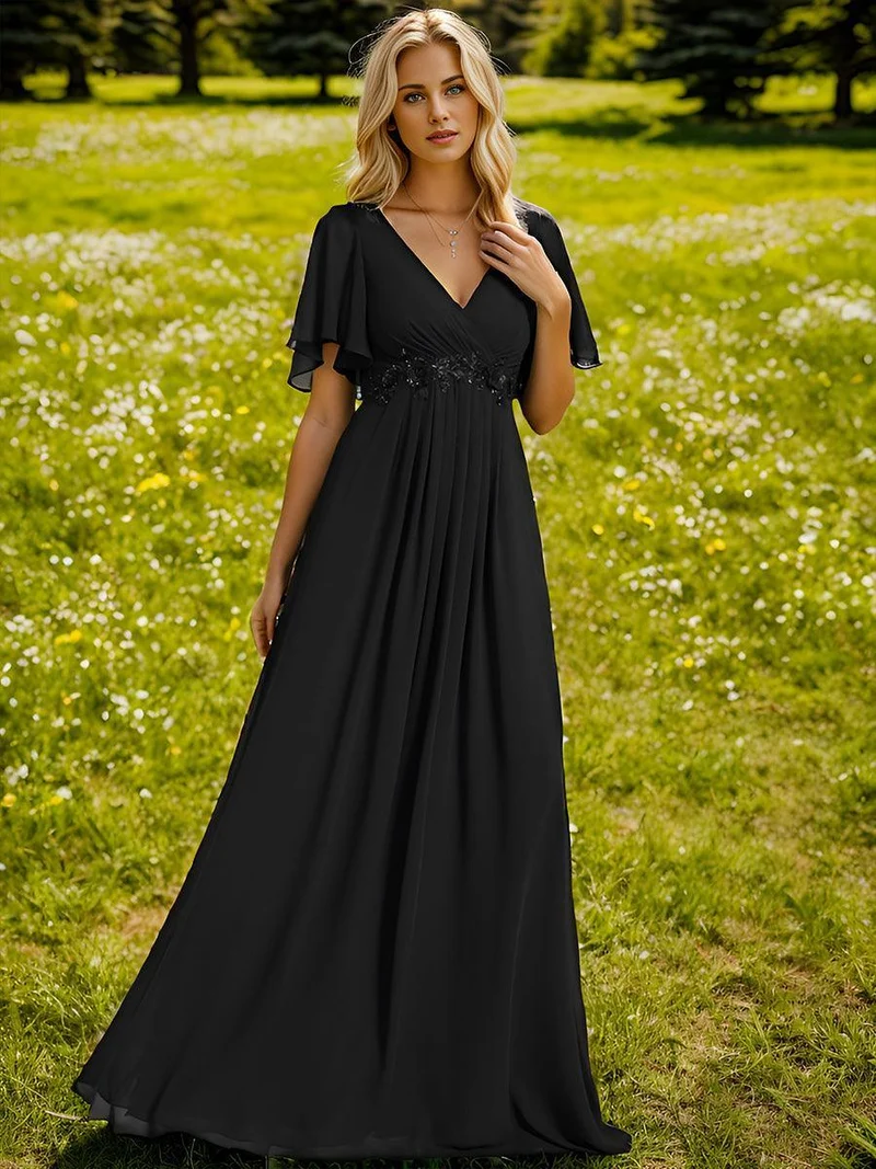 ever IVYROSE|Robe longue élégante en mousseline de soie pour mère de la mariée avec manches fluides