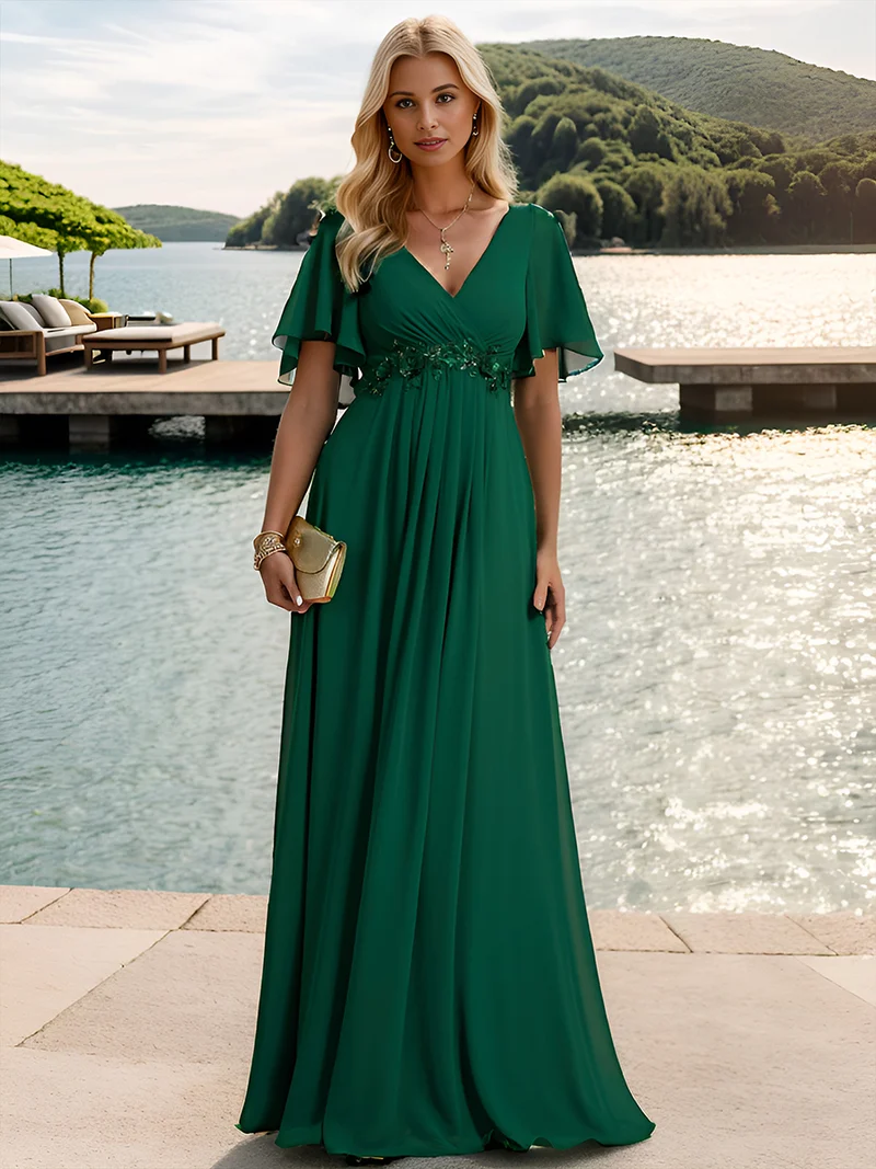 ever IVYROSE|Robe longue élégante en mousseline de soie pour mère de la mariée avec manches fluides